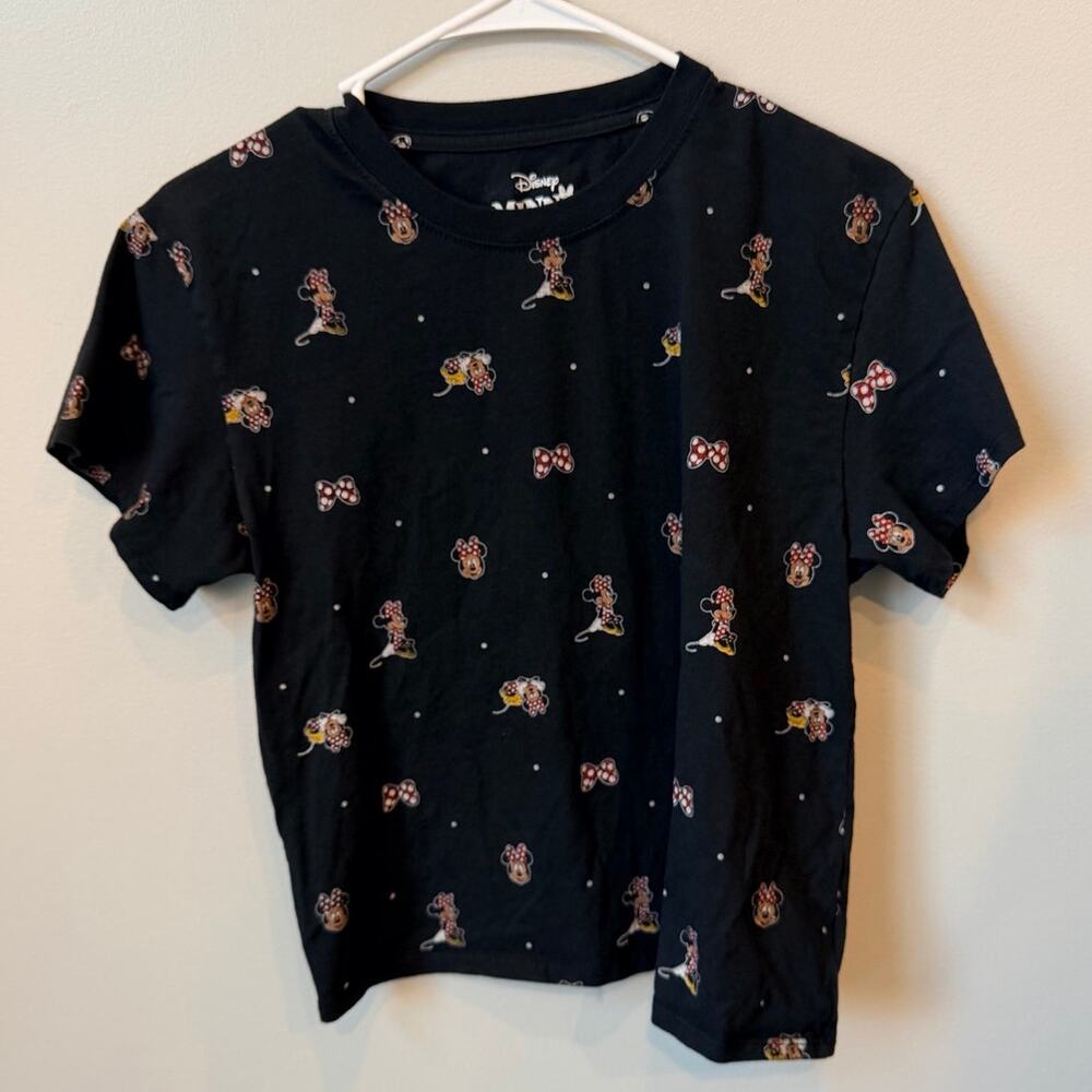 Disney Minnie Mouse Print T-Shirt Jerry Leigh Black Crop Top Cotton Size Large L